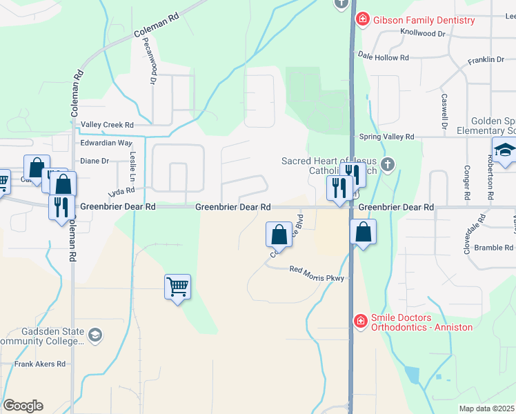 map of restaurants, bars, coffee shops, grocery stores, and more near 3200 Greenbrier Dear Road in Anniston