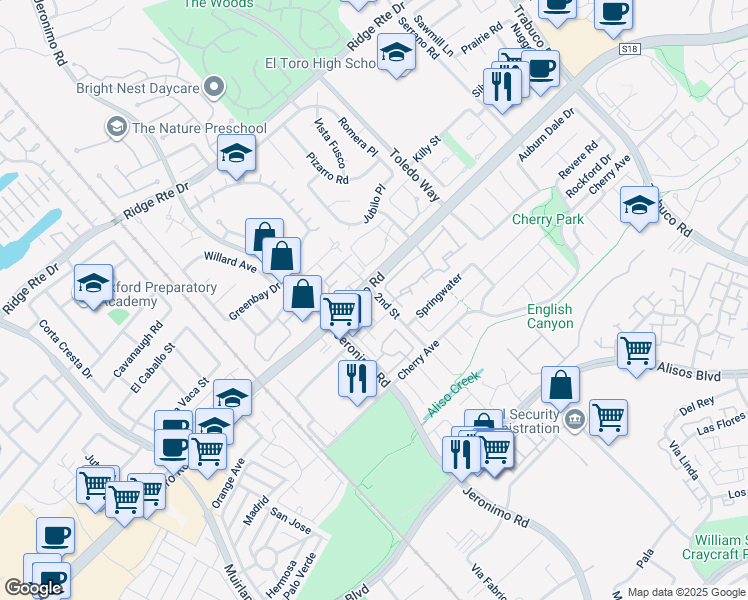 map of restaurants, bars, coffee shops, grocery stores, and more near 22947 Leo Lane in Lake Forest