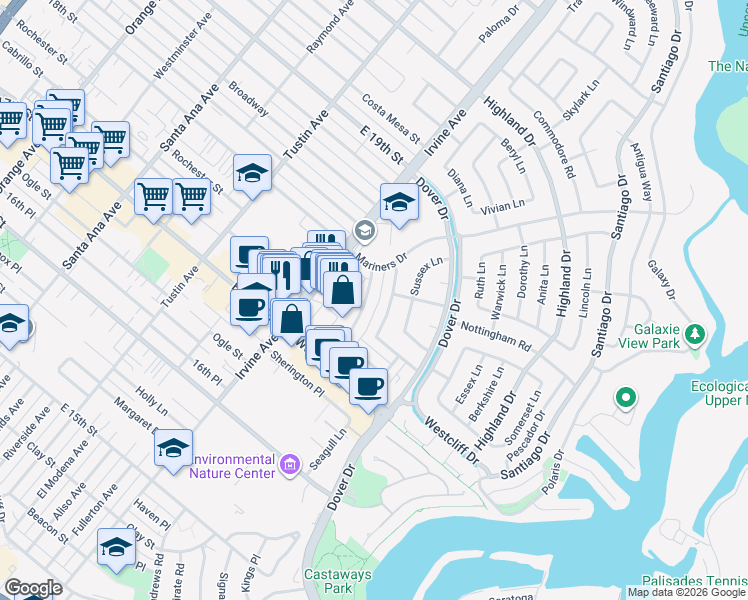 map of restaurants, bars, coffee shops, grocery stores, and more near 1200 Rutland Road in Newport Beach