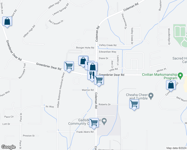 map of restaurants, bars, coffee shops, grocery stores, and more near 1530 Greenbrier Dear Road in Anniston