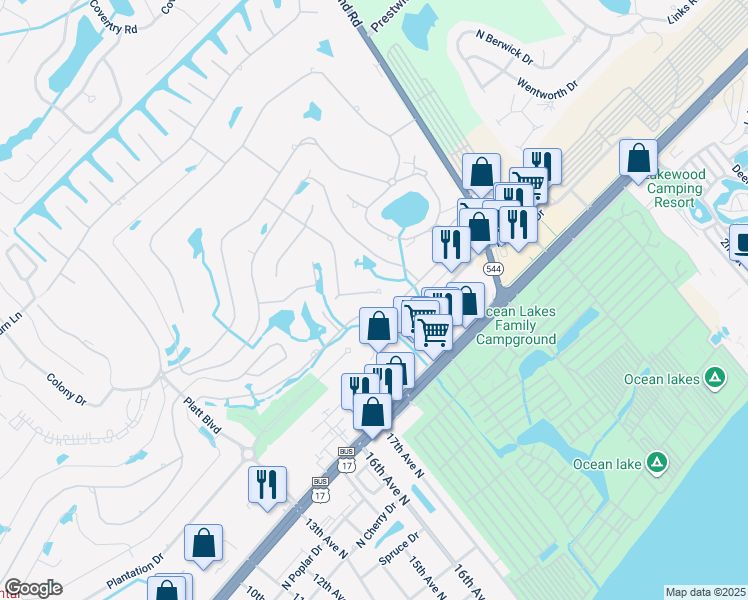 map of restaurants, bars, coffee shops, grocery stores, and more near 1360E Turkey Ridge Road in Surfside Beach