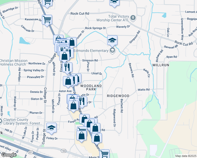 map of restaurants, bars, coffee shops, grocery stores, and more near 1156 North Parkwood Drive in Forest Park