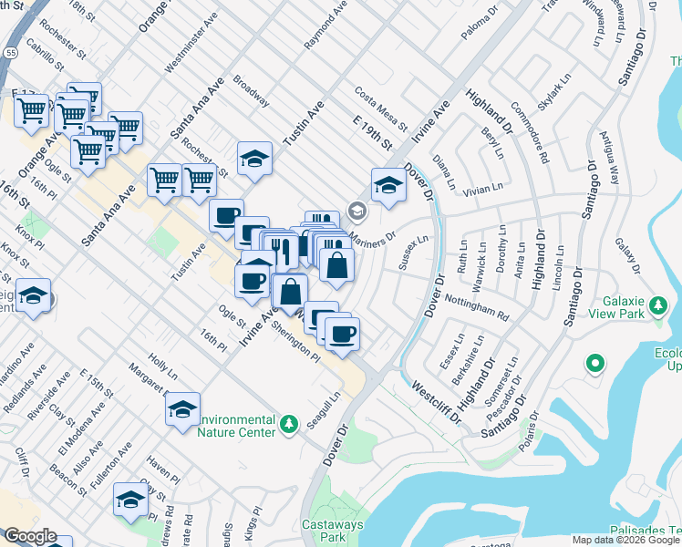 map of restaurants, bars, coffee shops, grocery stores, and more near 2127 Cresta Drive in Newport Beach