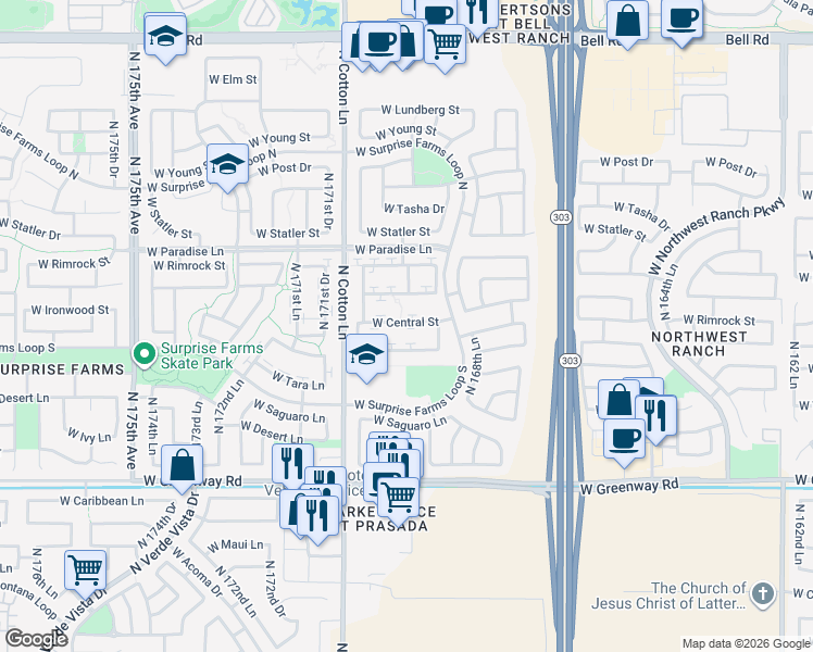map of restaurants, bars, coffee shops, grocery stores, and more near 17033 West Central Street in Surprise