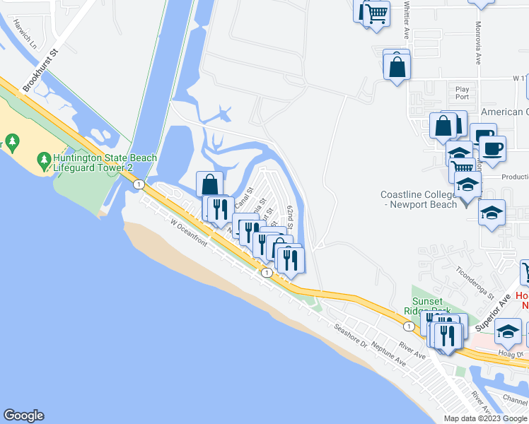 map of restaurants, bars, coffee shops, grocery stores, and more near 327 Walnut Street in Newport Beach