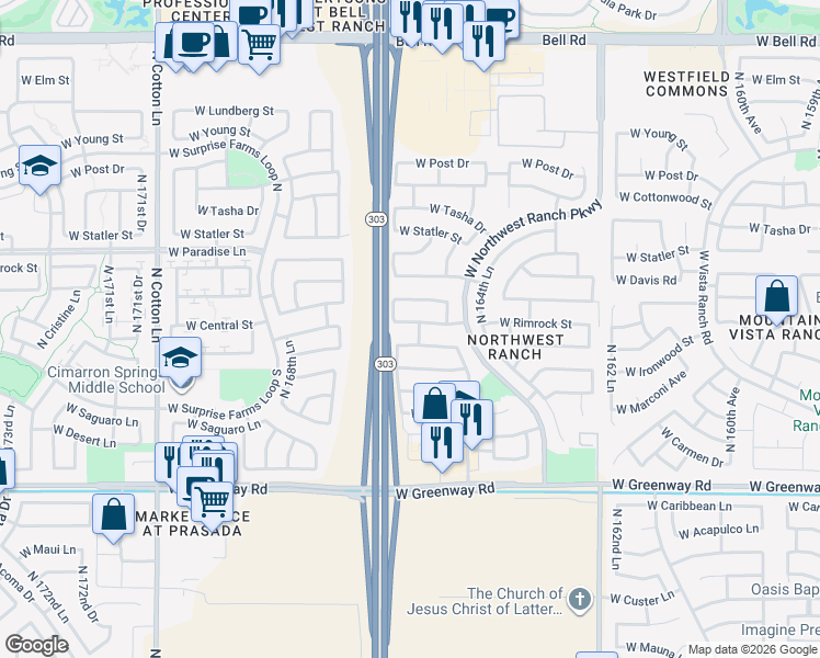 map of restaurants, bars, coffee shops, grocery stores, and more near 16673 West Monte Cristo Avenue in Surprise