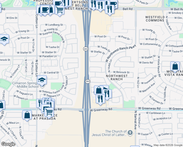 map of restaurants, bars, coffee shops, grocery stores, and more near 16673 West Monte Cristo Avenue in Surprise
