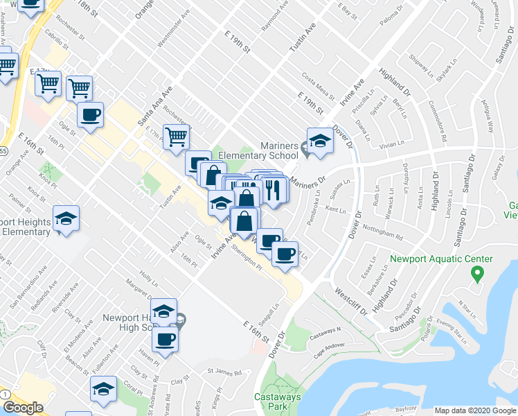 map of restaurants, bars, coffee shops, grocery stores, and more near 1058 Irvine Avenue in Newport Beach