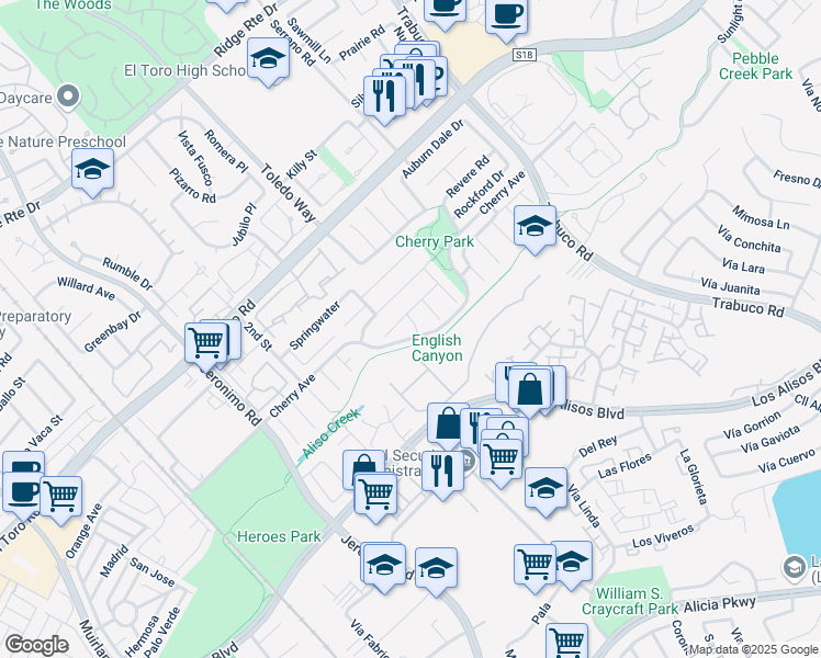 map of restaurants, bars, coffee shops, grocery stores, and more near 22921 Hazelwood in Lake Forest