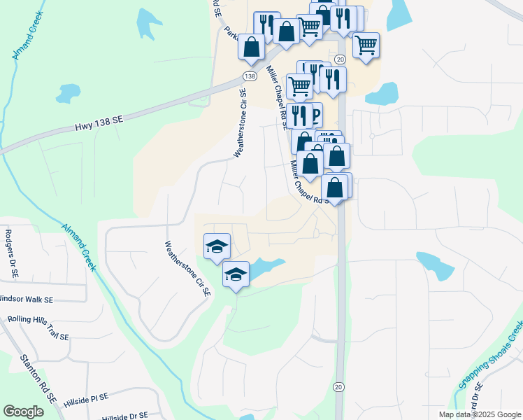 map of restaurants, bars, coffee shops, grocery stores, and more near 2104 Boxwood Circle in Conyers