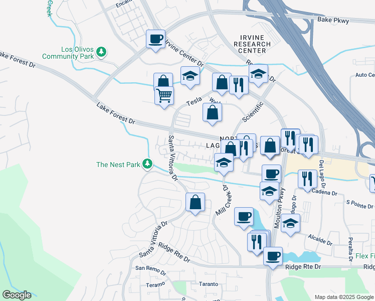 map of restaurants, bars, coffee shops, grocery stores, and more near 22861 Caminito Manresa in Laguna Hills