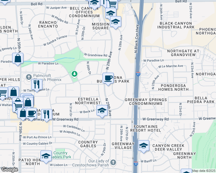 map of restaurants, bars, coffee shops, grocery stores, and more near 2851 West Kathleen Road in Phoenix