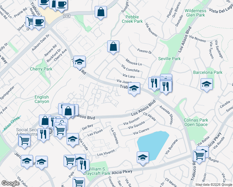 map of restaurants, bars, coffee shops, grocery stores, and more near 23004 Vía Nuez in Mission Viejo