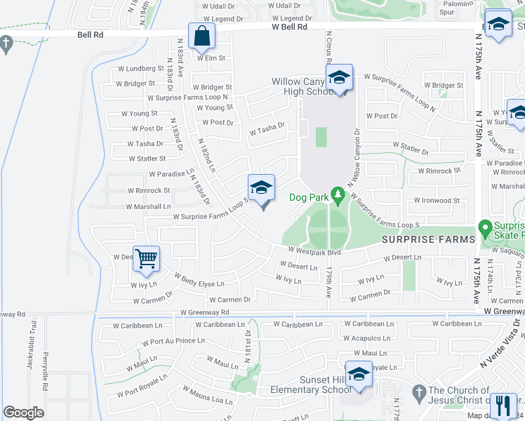 map of restaurants, bars, coffee shops, grocery stores, and more near 18063 West Surprise Farms Loop South in Surprise