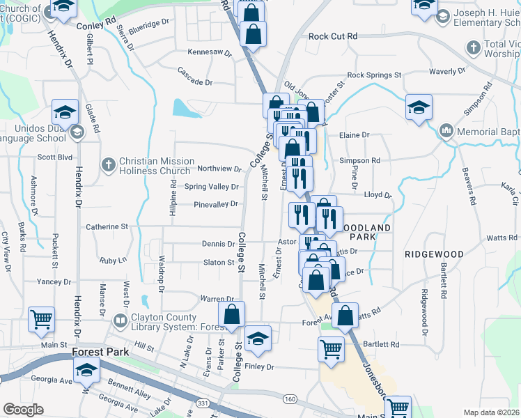 map of restaurants, bars, coffee shops, grocery stores, and more near 4566 College Street in Forest Park