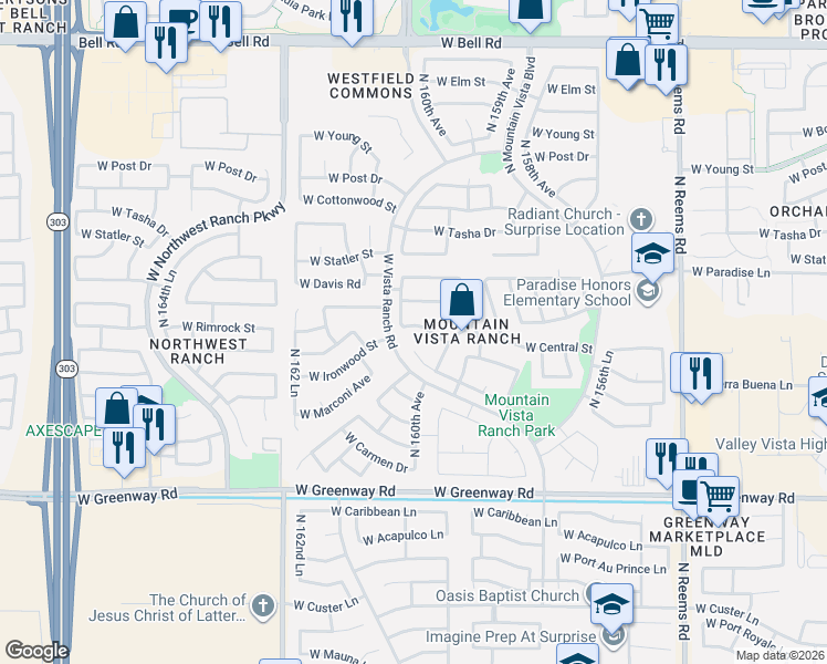 map of restaurants, bars, coffee shops, grocery stores, and more near 15933 West Monte Cristo Avenue in Surprise