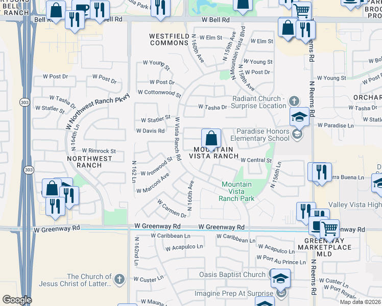 map of restaurants, bars, coffee shops, grocery stores, and more near 15933 West Monte Cristo Avenue in Surprise