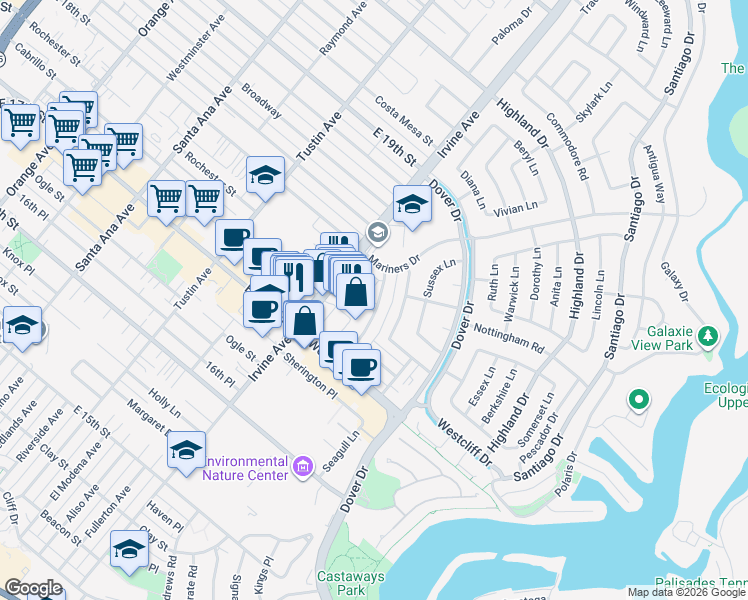 map of restaurants, bars, coffee shops, grocery stores, and more near 1200 Irvine Avenue in Newport Beach