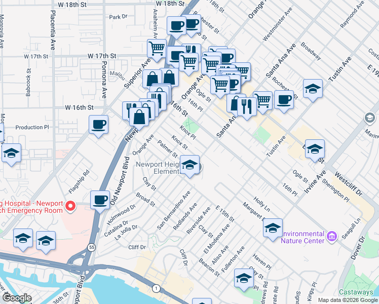 map of restaurants, bars, coffee shops, grocery stores, and more near 271 Knox Street in Costa Mesa