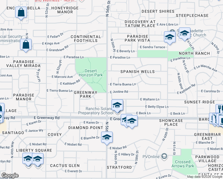 map of restaurants, bars, coffee shops, grocery stores, and more near 5601 East Tierra Buena Lane in Scottsdale