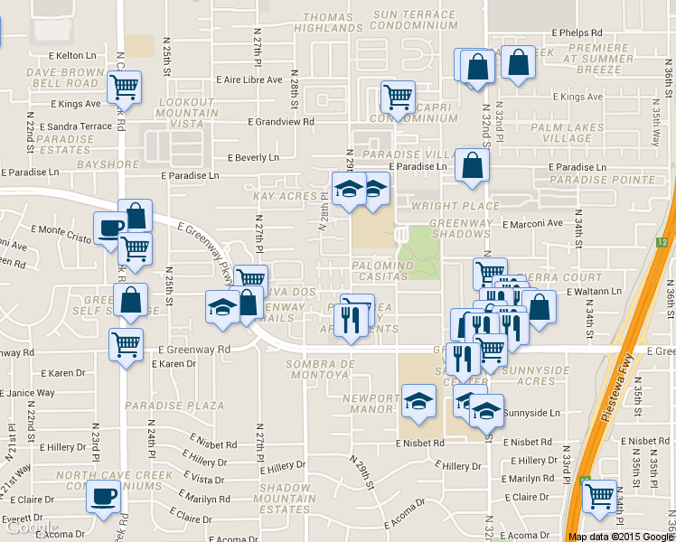 map of restaurants, bars, coffee shops, grocery stores, and more near 15636 North 29th Street in Phoenix