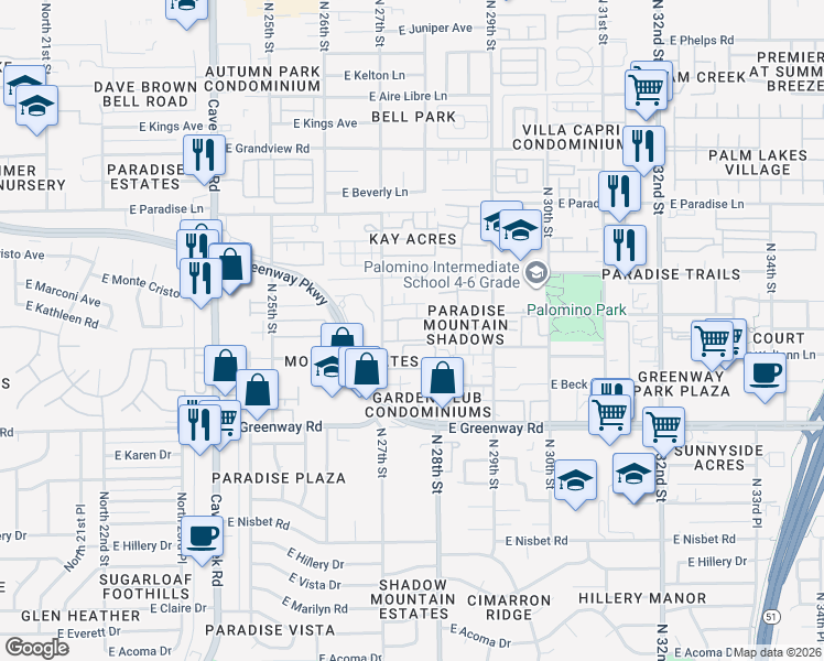 map of restaurants, bars, coffee shops, grocery stores, and more near 2725 East Tierra Buena Lane in Phoenix