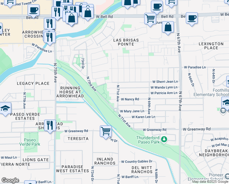 map of restaurants, bars, coffee shops, grocery stores, and more near 7122 West Wanda Lynn Lane in Peoria