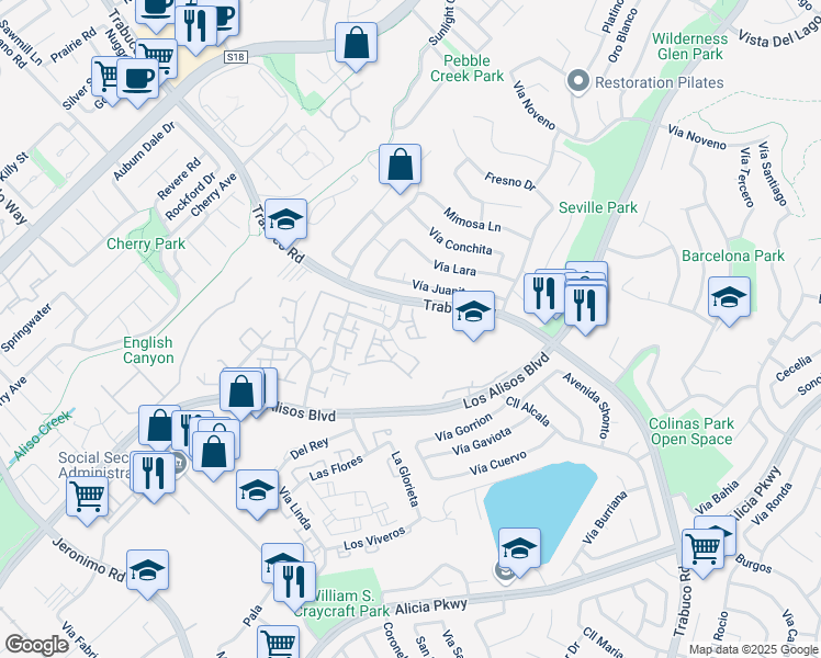 map of restaurants, bars, coffee shops, grocery stores, and more near 22926 Vía Nuez in Mission Viejo