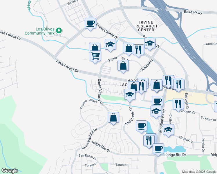 map of restaurants, bars, coffee shops, grocery stores, and more near 22882 Caminito Azul in Laguna Hills