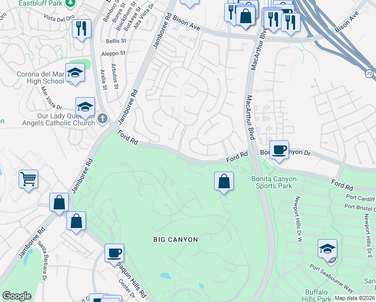 map of restaurants, bars, coffee shops, grocery stores, and more near 12 Rockingham Drive in Newport Beach