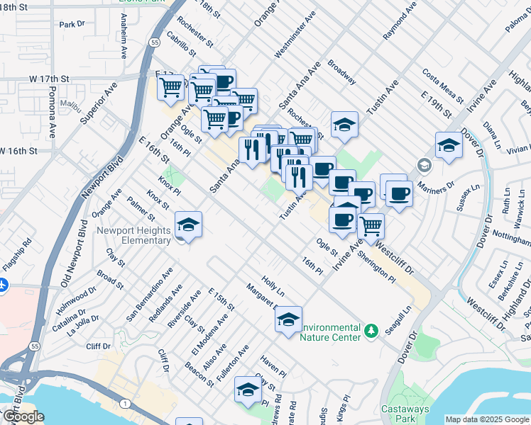 map of restaurants, bars, coffee shops, grocery stores, and more near 361 Ogle Street in Costa Mesa