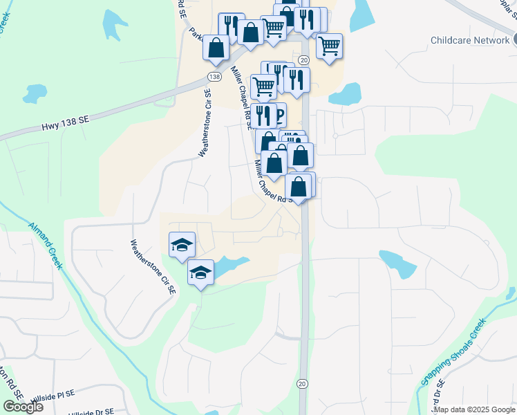 map of restaurants, bars, coffee shops, grocery stores, and more near 2165 Boxwood Circle in Conyers