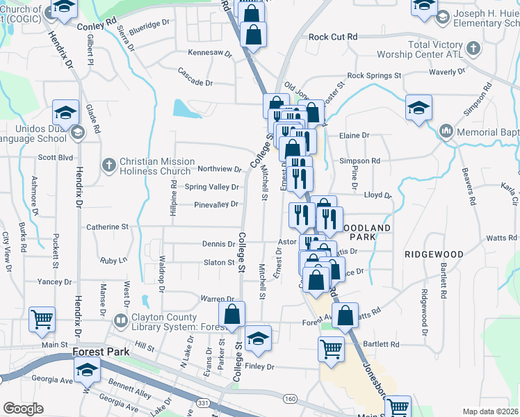 map of restaurants, bars, coffee shops, grocery stores, and more near 4566 College Street in Forest Park