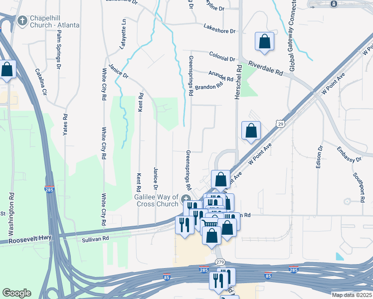 map of restaurants, bars, coffee shops, grocery stores, and more near 4615 Greensprings Road in College Park