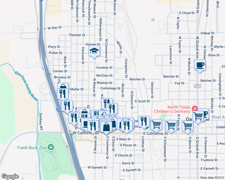 map of restaurants, bars, coffee shops, grocery stores, and more near 602 North Commerce Street in Gainesville