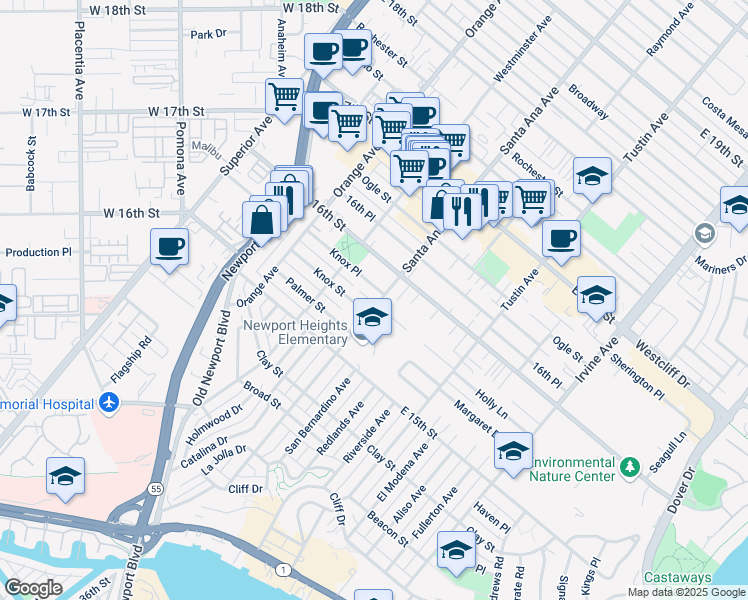 map of restaurants, bars, coffee shops, grocery stores, and more near 1565 Santa Ana Avenue in Costa Mesa