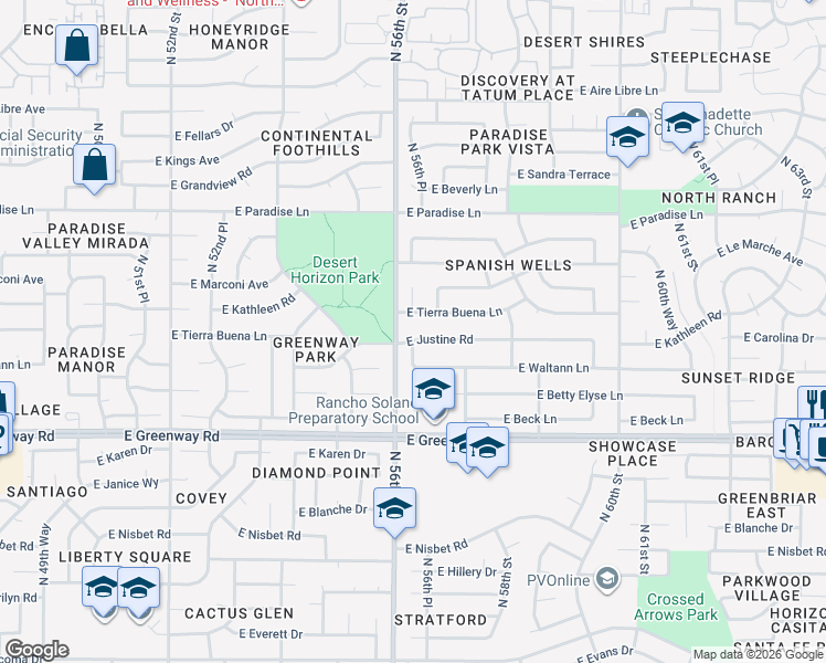 map of restaurants, bars, coffee shops, grocery stores, and more near 5601 East Tierra Buena Lane in Scottsdale