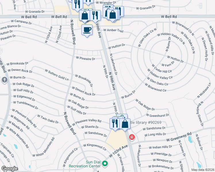 map of restaurants, bars, coffee shops, grocery stores, and more near 16013 North 99th Drive in Sun City