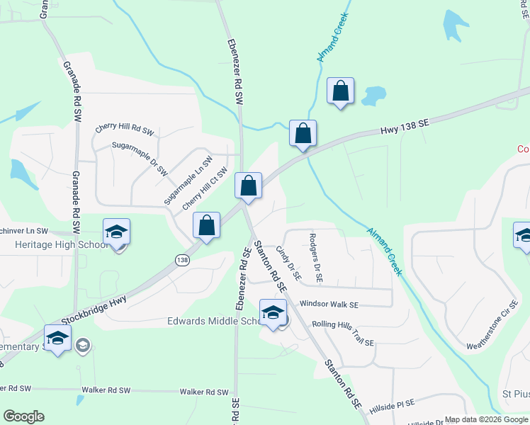 map of restaurants, bars, coffee shops, grocery stores, and more near 252 Brookwood Way Southeast in Conyers