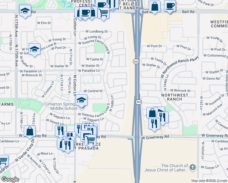 map of restaurants, bars, coffee shops, grocery stores, and more near 16856 West Ironwood Street in Surprise