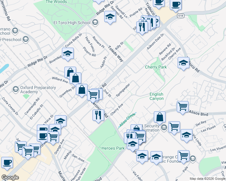 map of restaurants, bars, coffee shops, grocery stores, and more near 22941 Moonstone Lane in Lake Forest