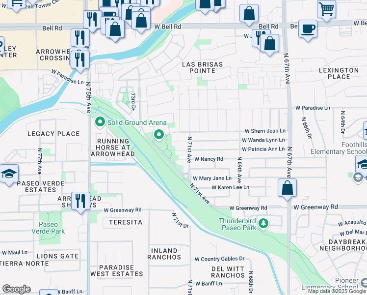 map of restaurants, bars, coffee shops, grocery stores, and more near 7122 West Wanda Lynn Lane in Peoria