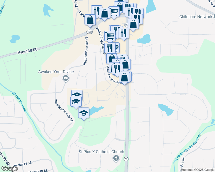 map of restaurants, bars, coffee shops, grocery stores, and more near 2165 Boxwood Circle in Conyers