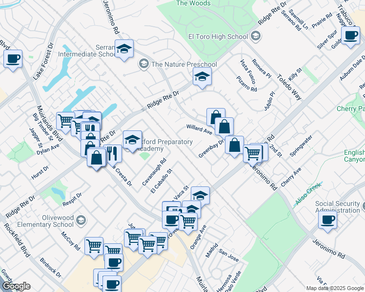 map of restaurants, bars, coffee shops, grocery stores, and more near 22941 Belquest Drive in Lake Forest