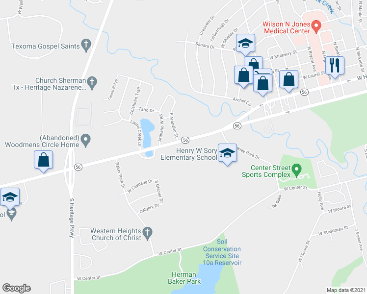 map of restaurants, bars, coffee shops, grocery stores, and more near 2122 West Houston Street in Sherman