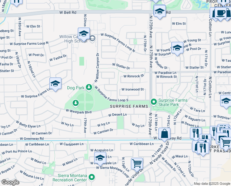 map of restaurants, bars, coffee shops, grocery stores, and more near 17718 West Ironwood Street in Surprise