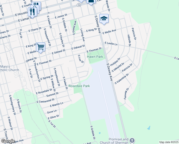 map of restaurants, bars, coffee shops, grocery stores, and more near 1338 McCall Street in Sherman