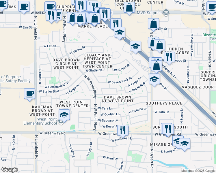 map of restaurants, bars, coffee shops, grocery stores, and more near 13390 West Desert Rock Drive in Surprise