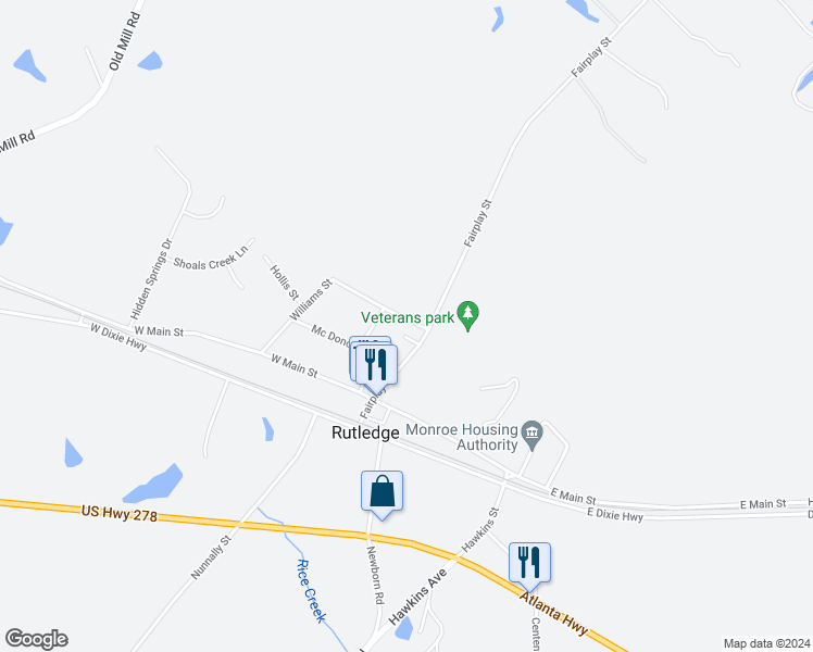 map of restaurants, bars, coffee shops, grocery stores, and more near 119 Williams Street in Rutledge