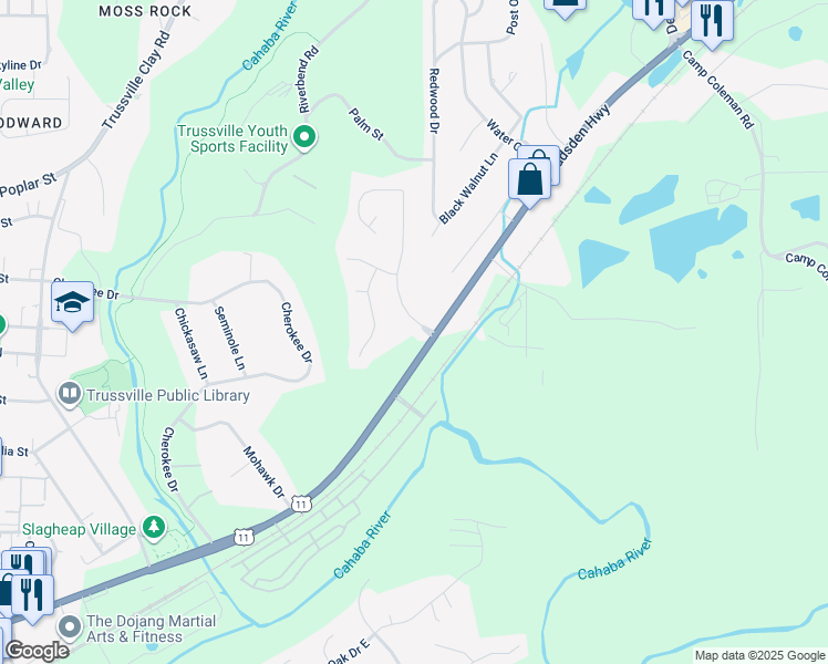 map of restaurants, bars, coffee shops, grocery stores, and more near 4301 Maplewood Drive in Trussville